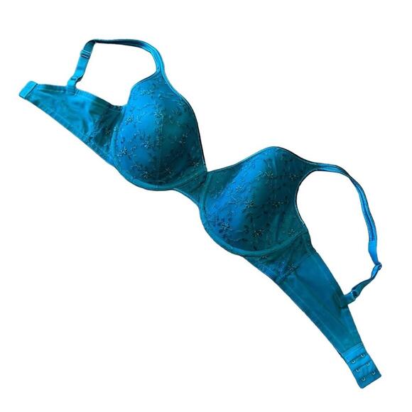 Natori Teal Green Full Coverage Lightly Lined Floral Lace Bra Size 36DD - Picture 1 of 8